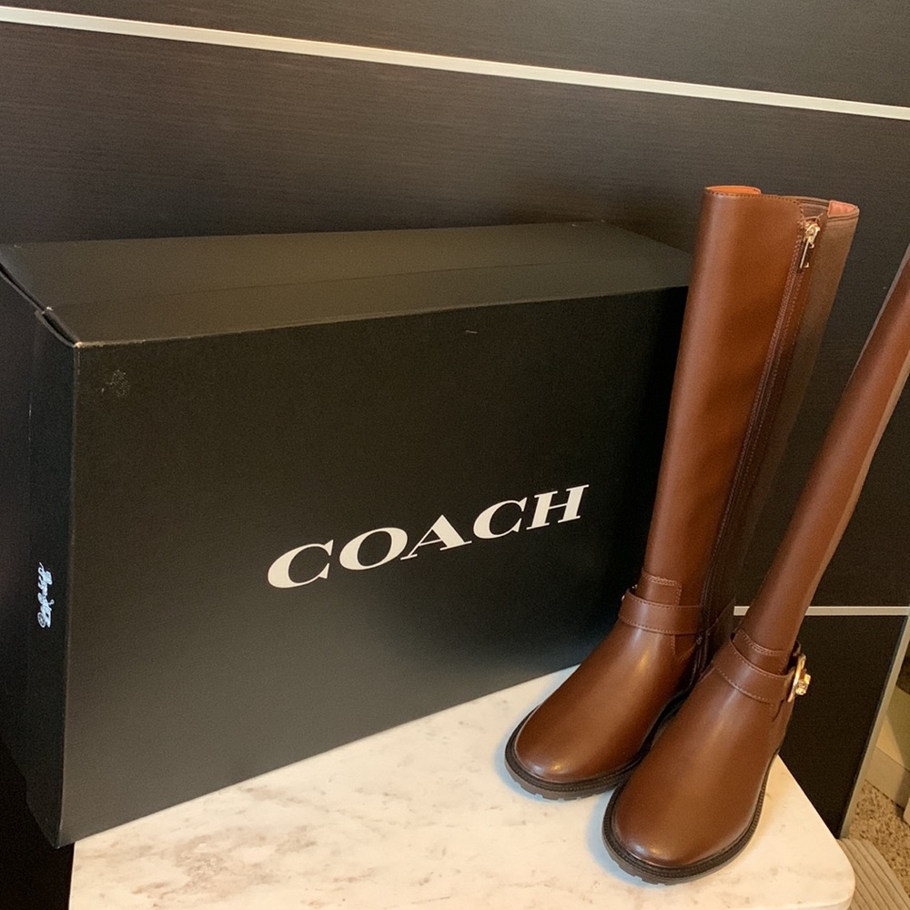 Coach Farrah Logo Buckle Tall Riding Boots in Brown - Picture 13 of 15